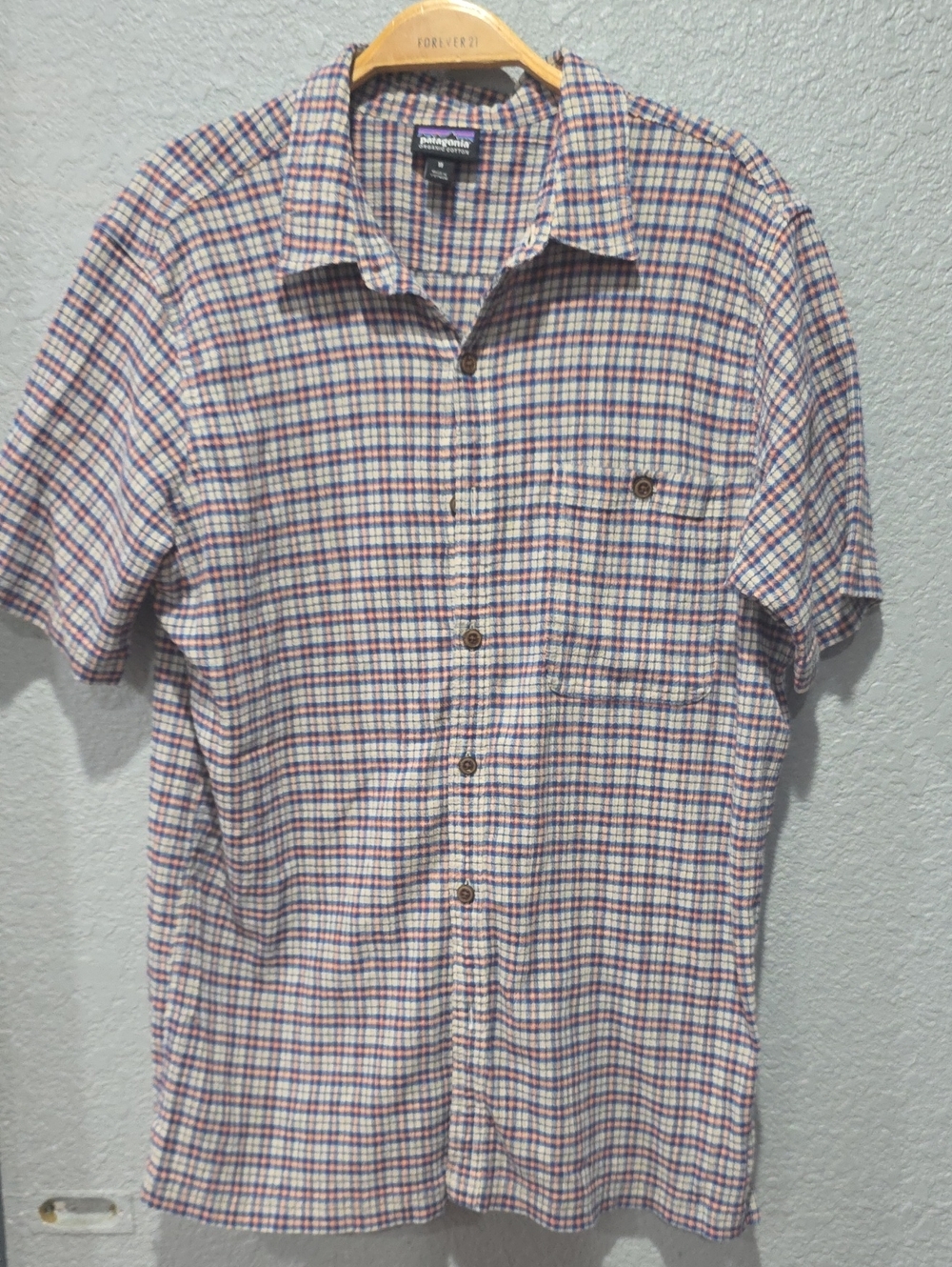 Patagonia Men's Short Sleeve Plaid Button-Up - White, Blue & Red